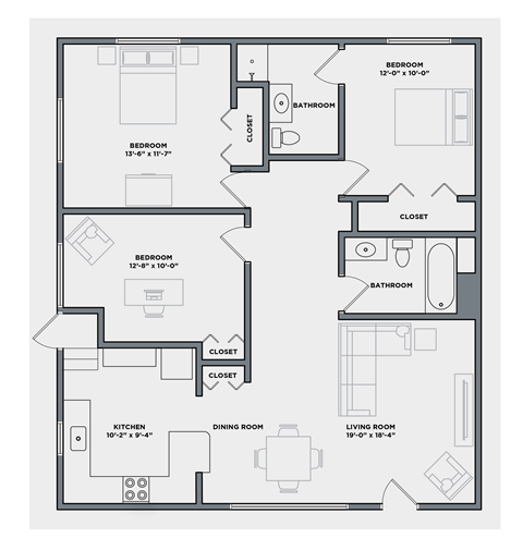 Floor plan for 3 beds, 2 baths, 1300 sqft